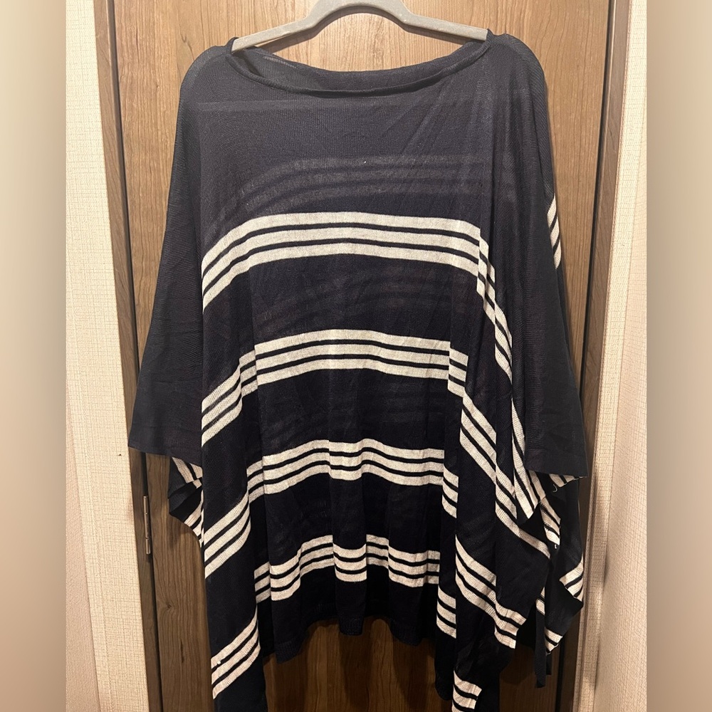 Lauren Ralph Lauren Navy White Striped Poncho Sweater Knit Pullover OS